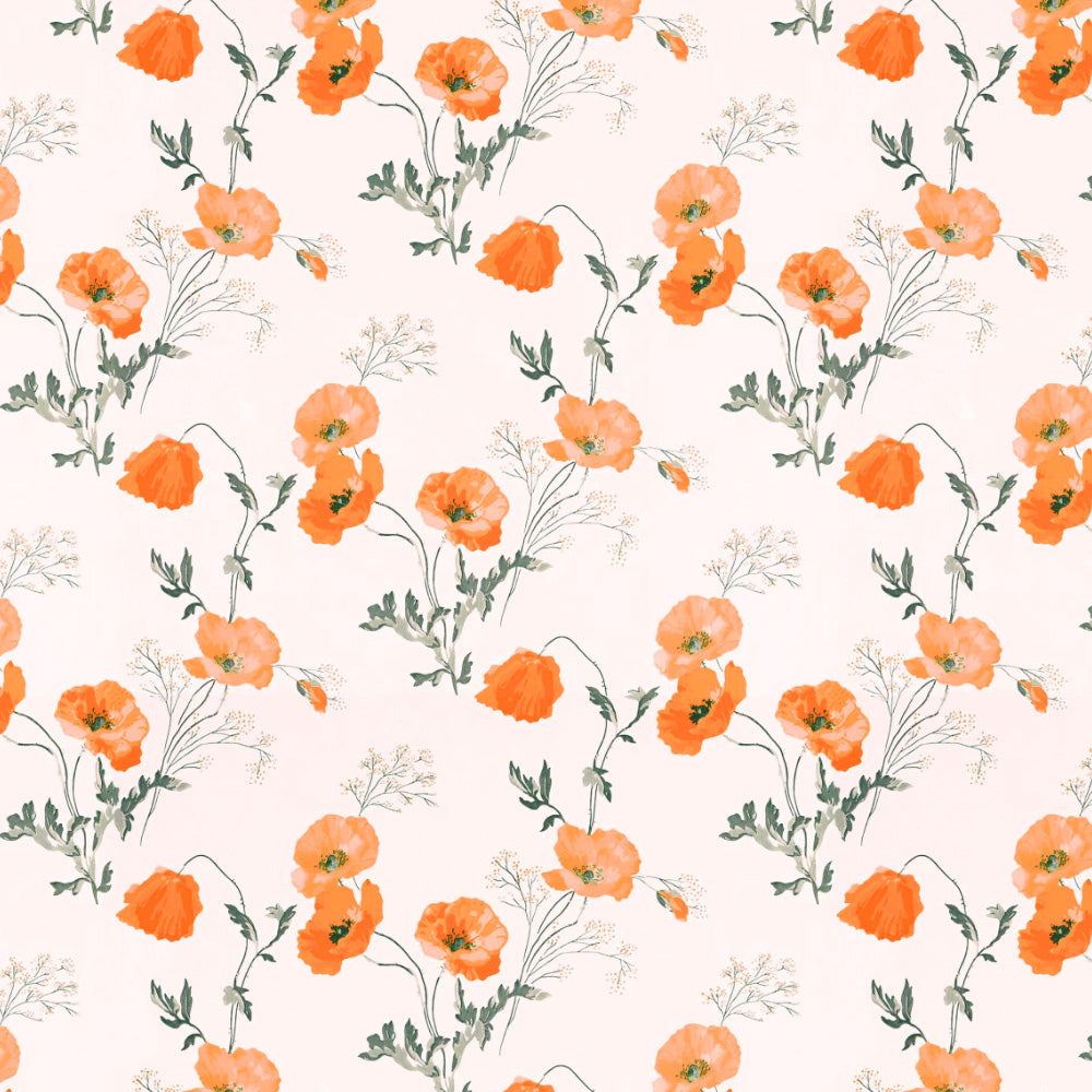 Poppy Meadow Floral Orange Heavy Satin Room Darkening Curtains Set Of 2 - (DS133F)
