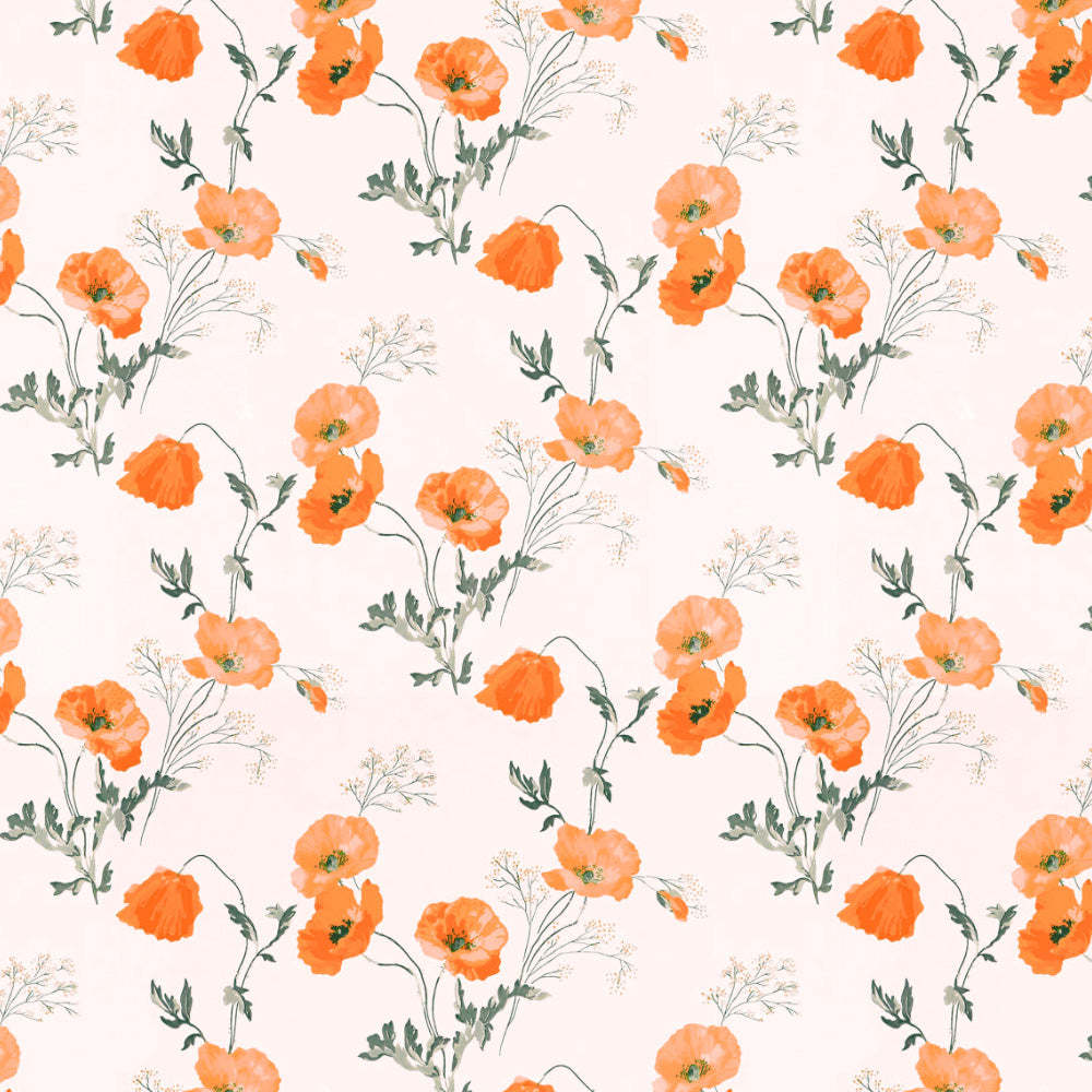 Poppy Meadow Floral Orange Heavy Satin Room Darkening Curtains Set Of 2 - (DS133F)