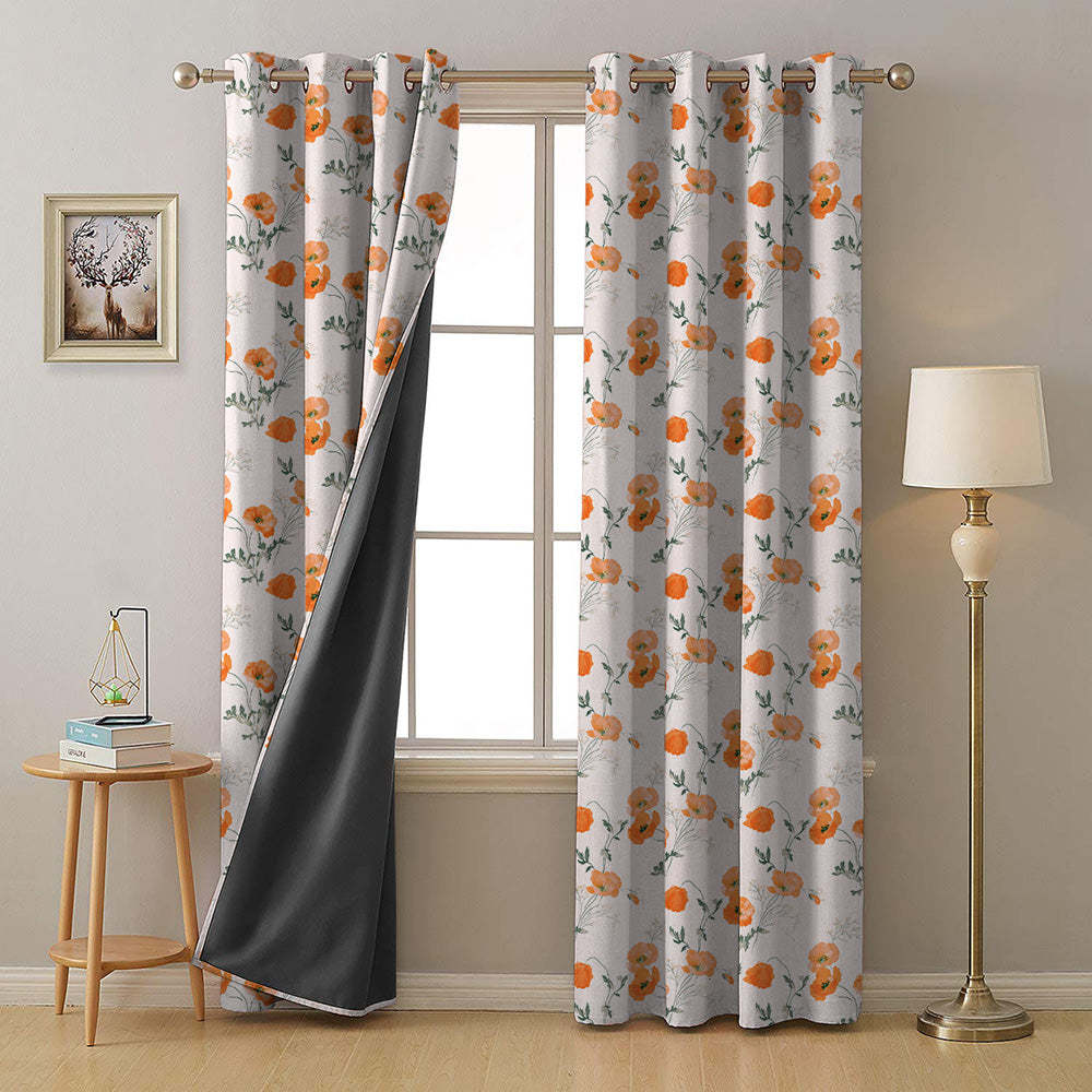 Poppy Meadow Floral Orange Heavy Satin Room Darkening Curtains Set Of 2 - (DS133F)
