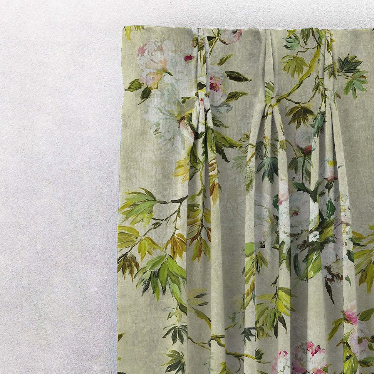Subdued Blossoms Floral Grass Green Heavy Satin Blackout Curtains Set Of 2 - (DS154A)