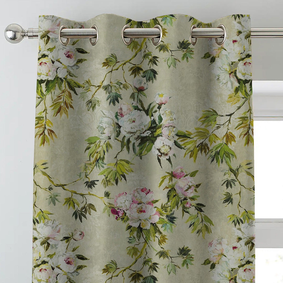 Subdued Blossoms Floral Grass Green Heavy Satin Blackout Curtains Set Of 2 - (DS154A)