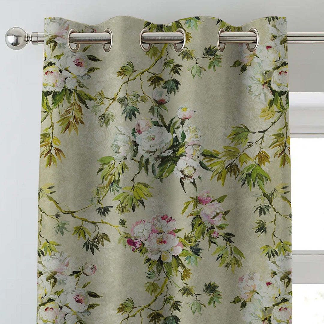 Subdued Blossoms Floral Grass Green Heavy Satin Blackout Curtains Set Of 2 - (DS154A)