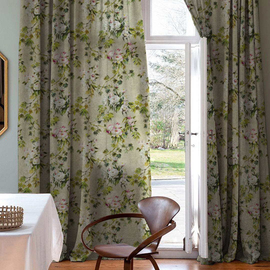 Subdued Blossoms Floral Grass Green Heavy Satin Blackout Curtains Set Of 2 - (DS154A)