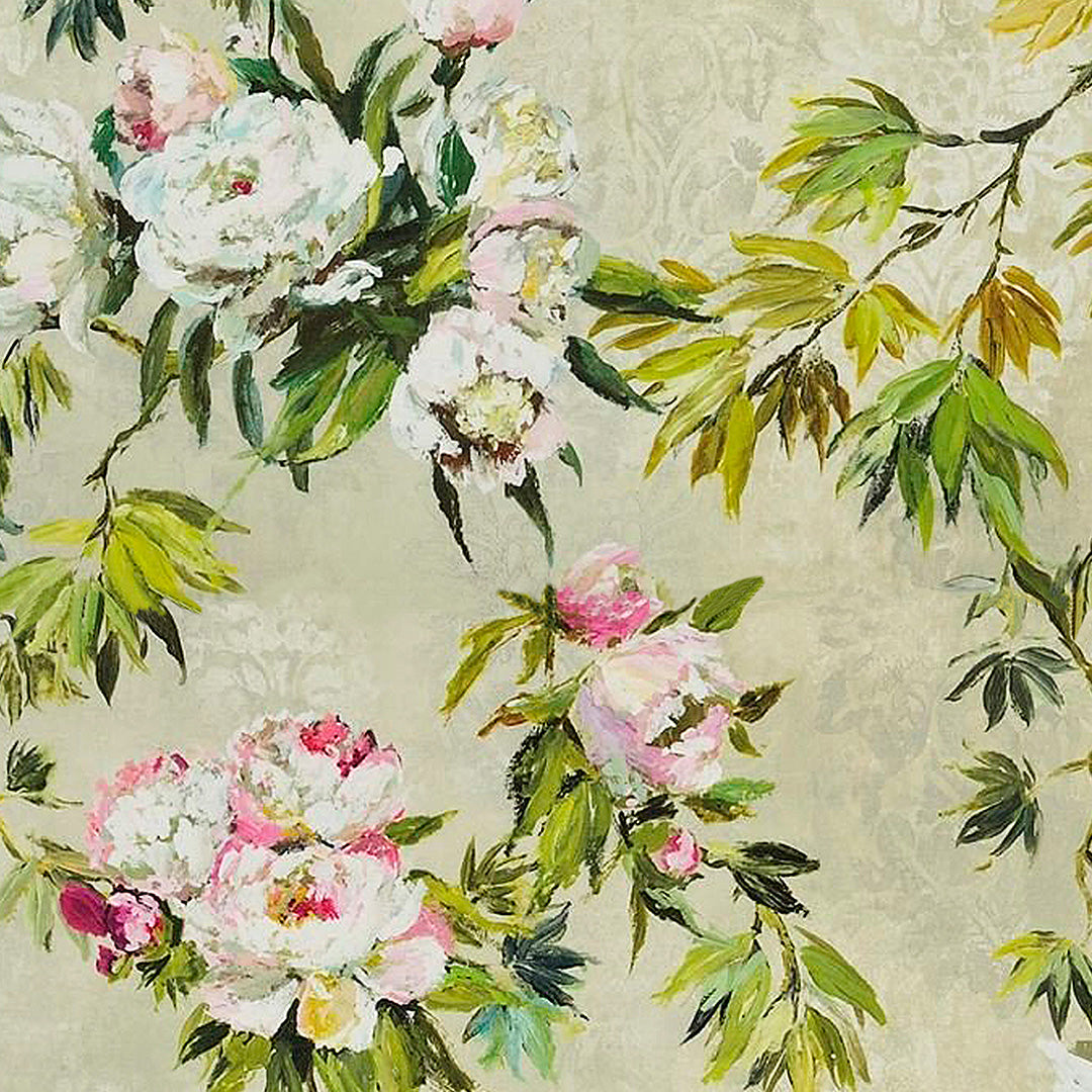 Subdued Blossoms Floral Grass Green Heavy Satin Blackout Curtains Set Of 2 - (DS154A)