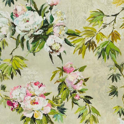 Subdued Blossoms Floral Grass Green Heavy Satin Blackout Curtains Set Of 2 - (DS154A)