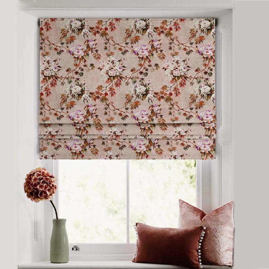 Subdued Blossoms Floral Maroon Satin Roman Blind (DS154C)