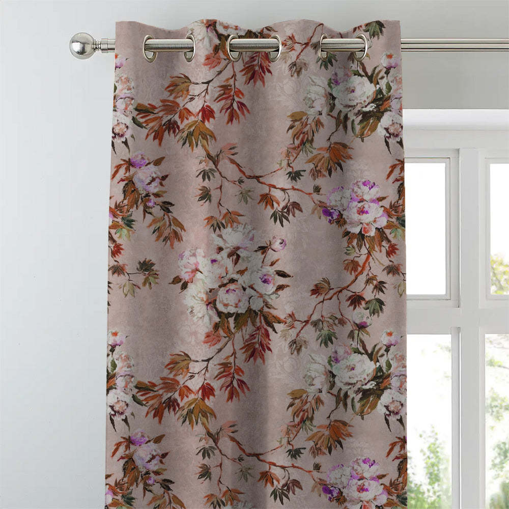 Subdued Blossoms Floral Maroon Heavy Satin Room Darkening Curtains Set Of 2 - (DS154C)