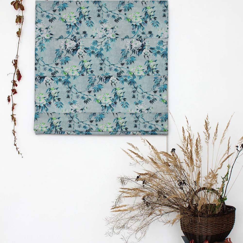 Subdued Blossoms Floral Teal Satin Roman Blind (DS154F)
