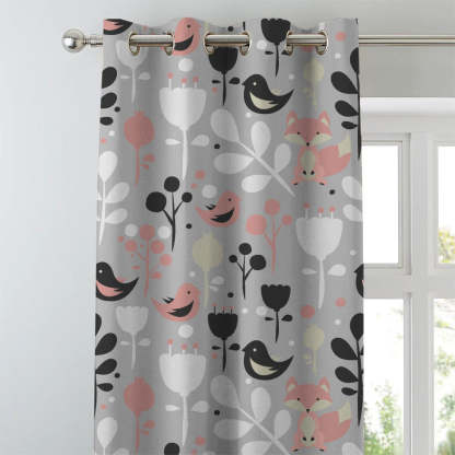 Fox and Feather Fiesta Kids Grey Heavy Satin Blackout curtains Set Of 2 - (DS169A)