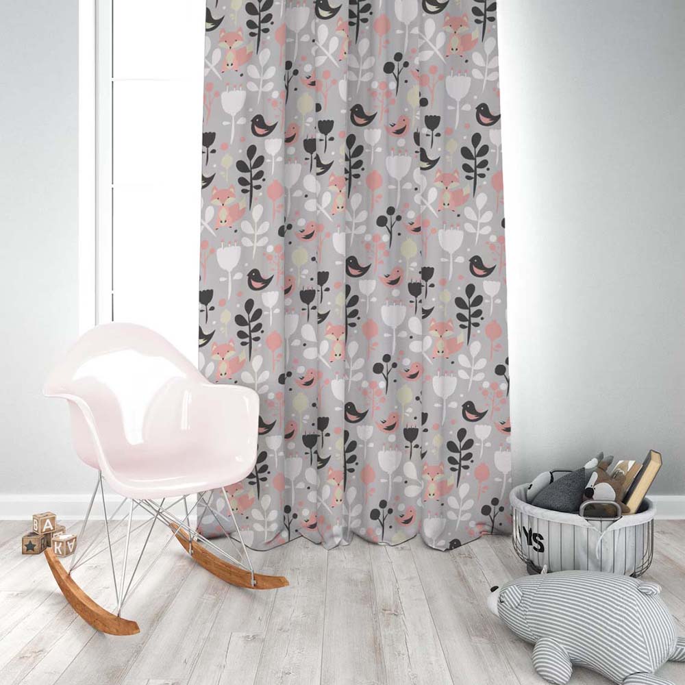 Fox and Feather Fiesta Kids Grey Heavy Satin Blackout curtains Set Of 2 - (DS169A)