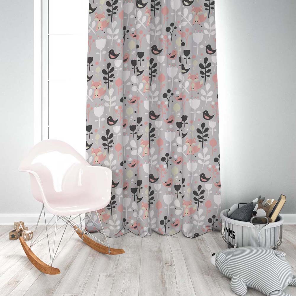 Fox and Feather Fiesta Kids Grey Heavy Satin Blackout curtains Set Of 2 - (DS169A)
