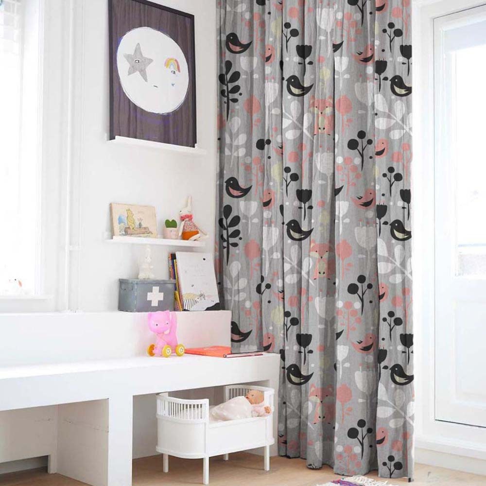 Fox and Feather Fiesta Kids Grey Heavy Satin Blackout curtains Set Of 2 - (DS169A)