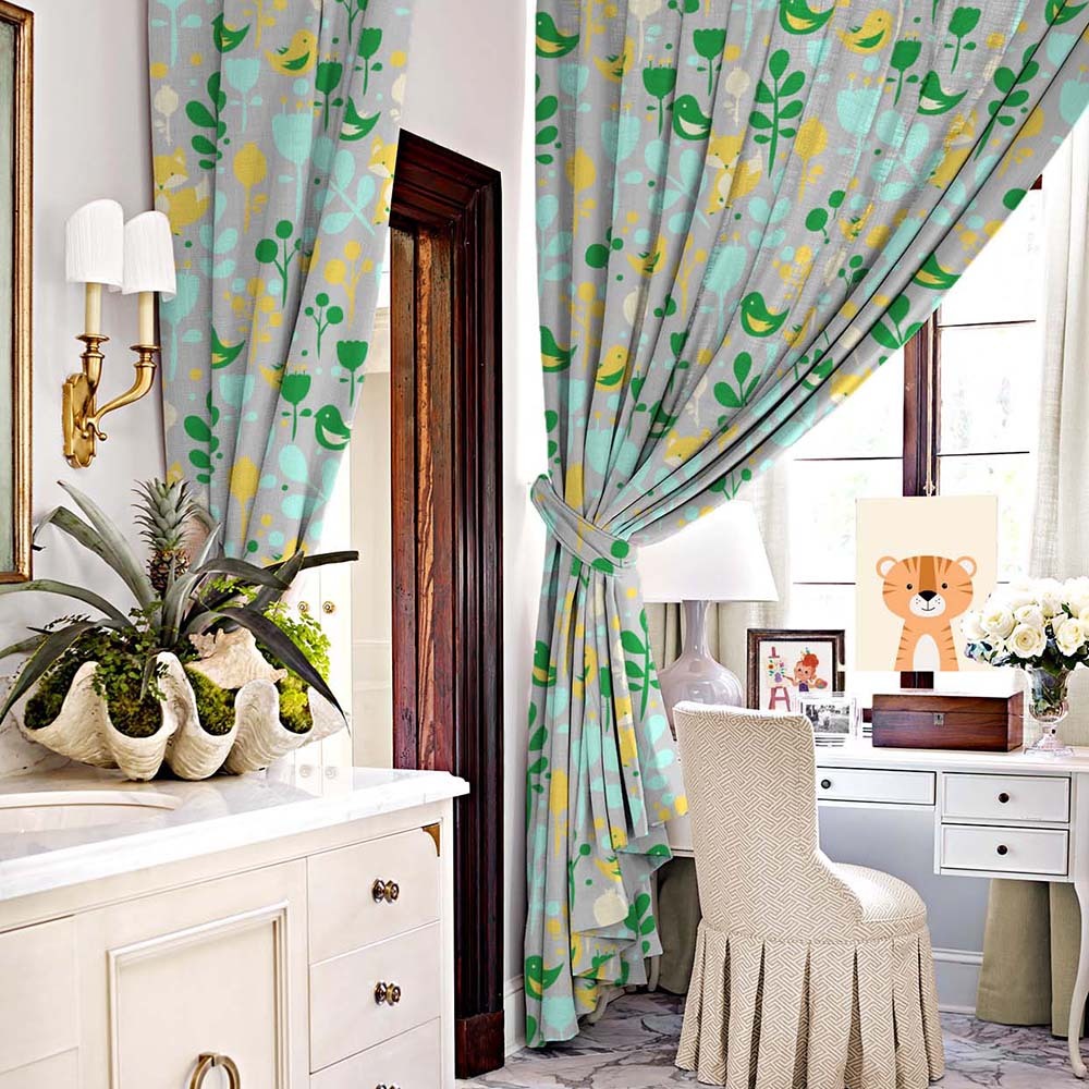 Fox and Feather Fiesta Kids Green Heavy Satin Blackout curtains Set Of 2 - (DS169B)