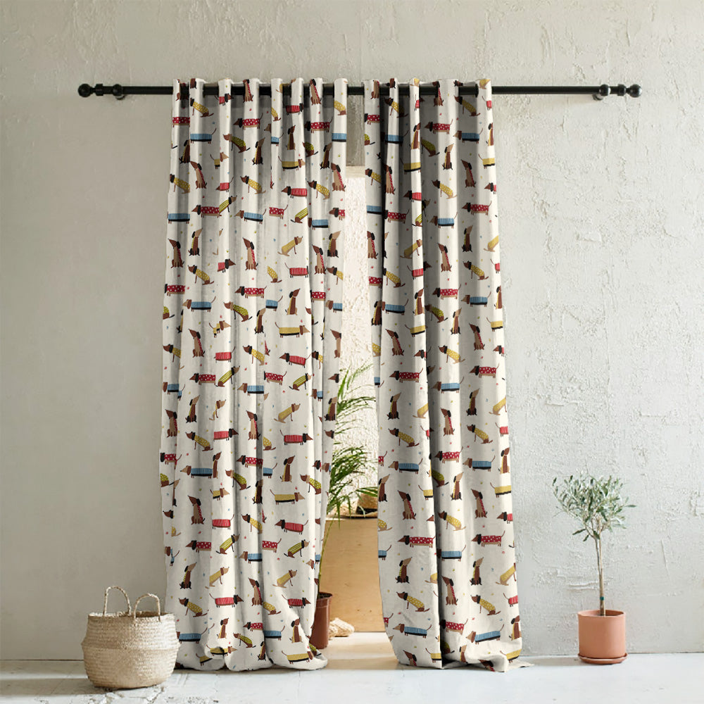Playful Pups Kids Tan Beige Heavy Satin Room Darkening Curtains Set Of 2 - (DS183A)
