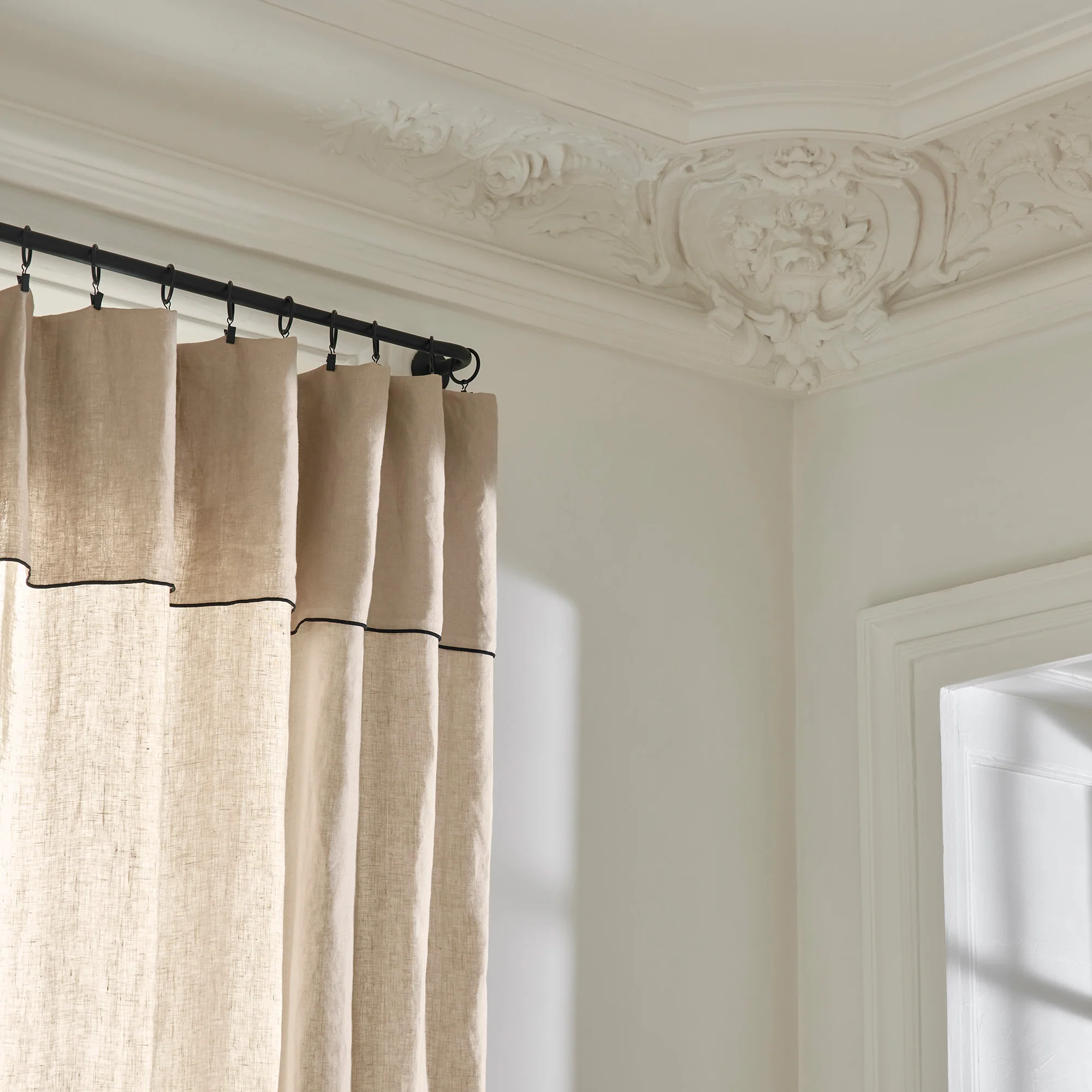 Carlina Sheer Washed Linen Curtain, Black Edged for a Refined Look