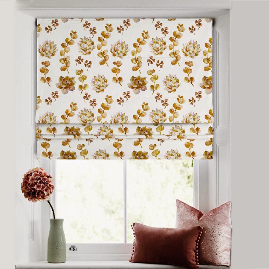 Dazzling Dahlias Floral Mustard Satin Roman Blind (DS19A)