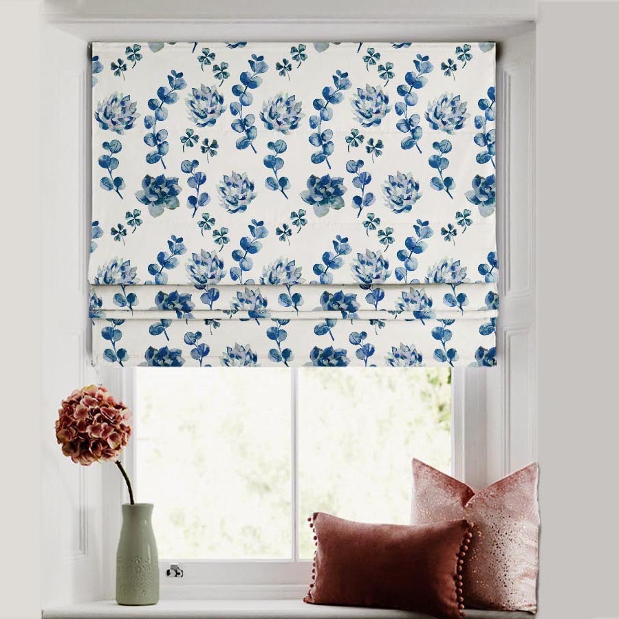 Dazzling Dahlias Floral Blue Satin Roman Blind (DS19C)