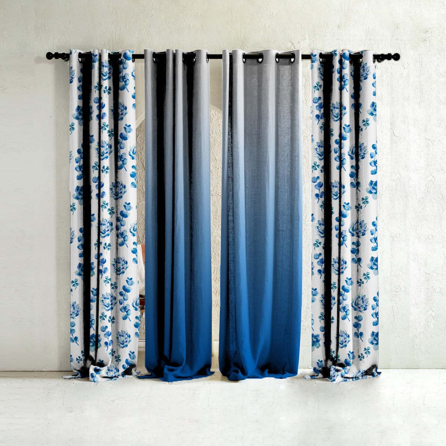 Midnight Mosaic Floral & Ombre Print Combination Room Darkening Curtains Set Of 4 Door Curtain - (19COMBRE23)