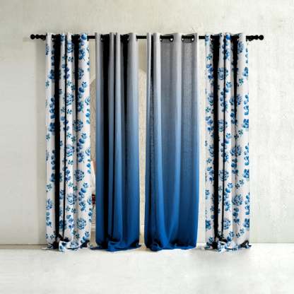 Midnight Mosaic Floral & Ombre Print Combination Room Darkening Curtains Set Of 4 Door Curtain - (19COMBRE23)