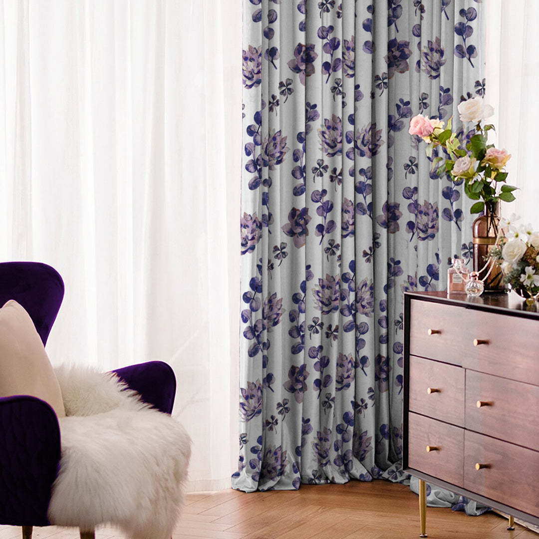 Dazzling Dahlias Floral Purple Heavy Satin Blackout curtains Set Of 2 - (DS19D)