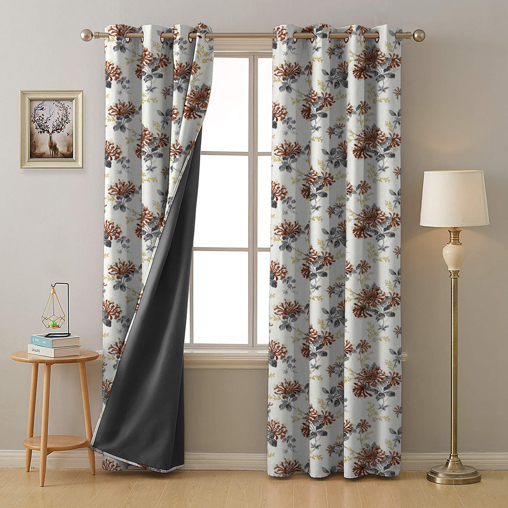 Feral Florals Floral Maroon Heavy Satin Room Darkening Curtains Set Of 2 - (DS206F)