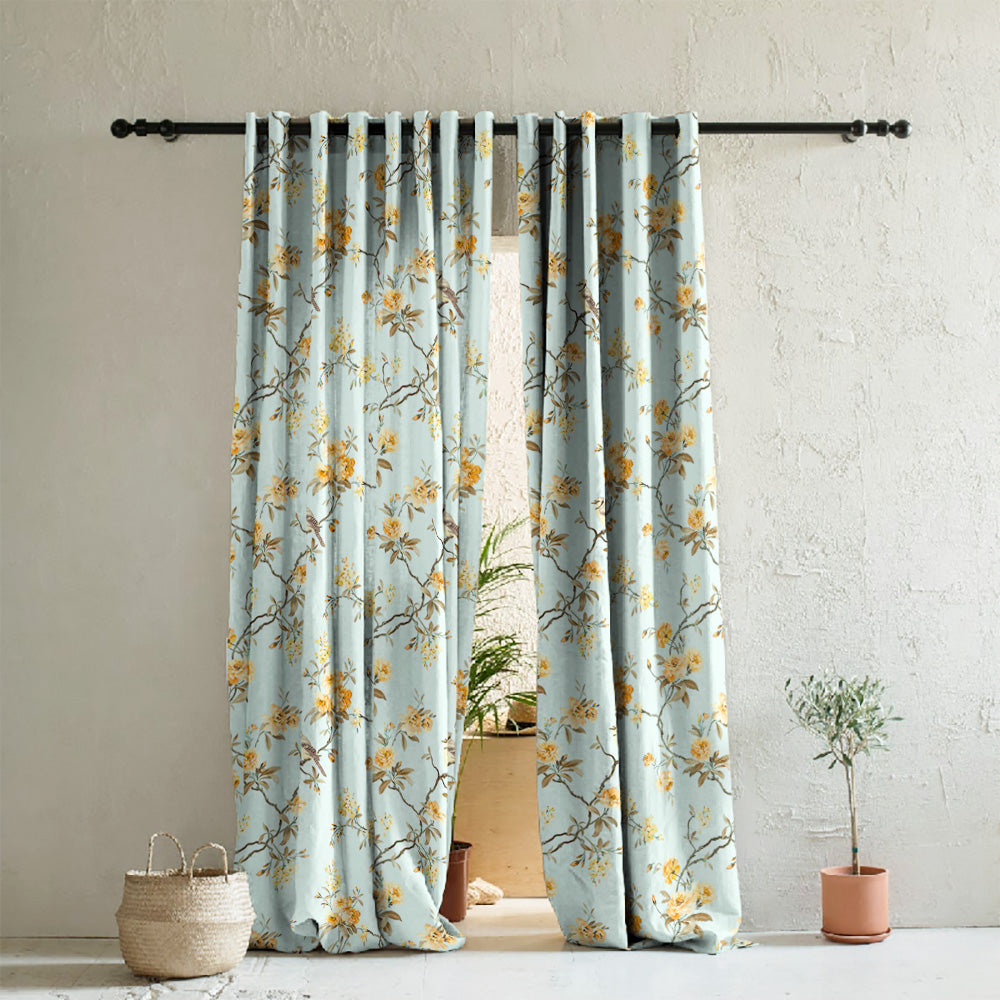 Blossoming Wings Floral Pastel Yellow Heavy Satin Room Darkening Curtains Set Of 2 - (DS207E)