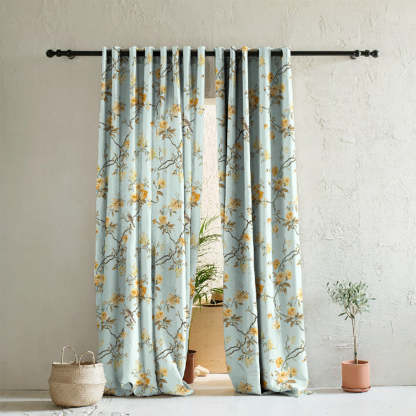 Blossoming Wings Floral Pastel Yellow Heavy Satin Room Darkening Curtains Set Of 2 - (DS207E)