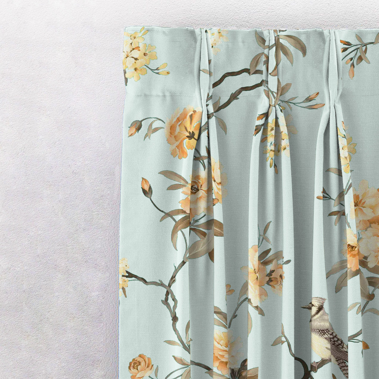 Blossoming Wings Floral Pastel Yellow Heavy Satin Room Darkening Curtains Set Of 2 - (DS207E)