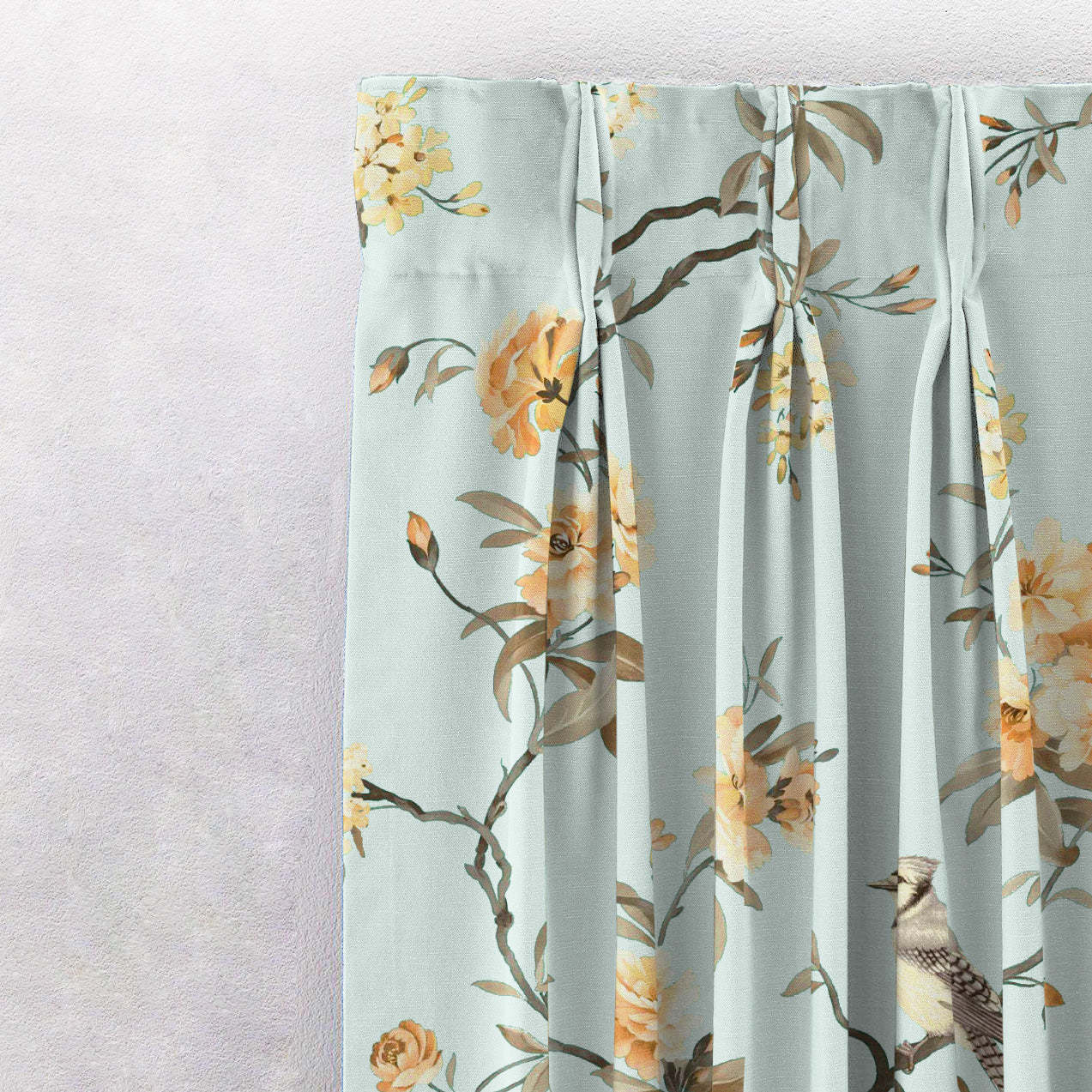 Blossoming Wings Floral Pastel Yellow Heavy Satin Room Darkening Curtains Set Of 2 - (DS207E)