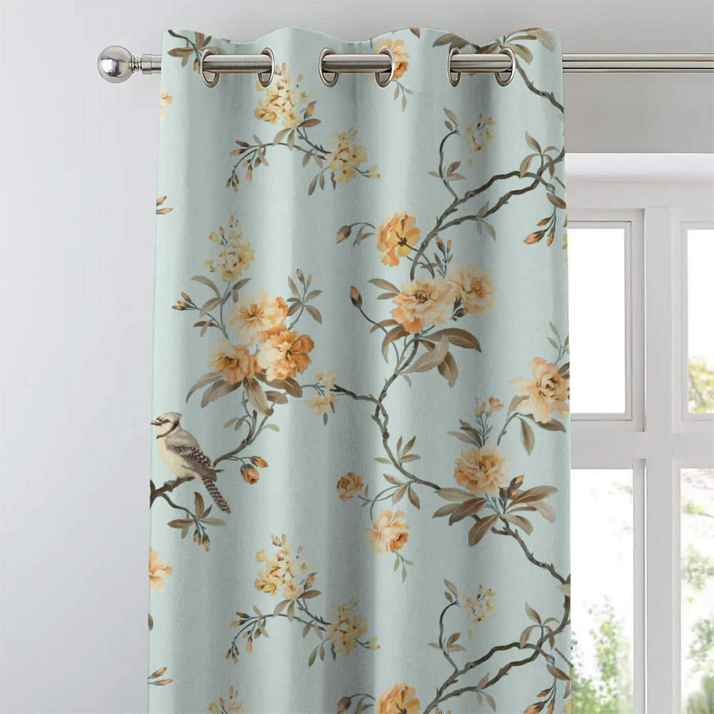 Blossoming Wings Floral Pastel Yellow Heavy Satin Room Darkening Curtains Set Of 2 - (DS207E)