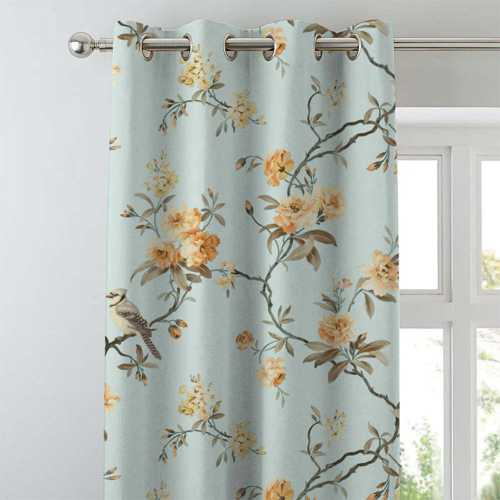 Blossoming Wings Floral Pastel Yellow Heavy Satin Room Darkening Curtains Set Of 2 - (DS207E)
