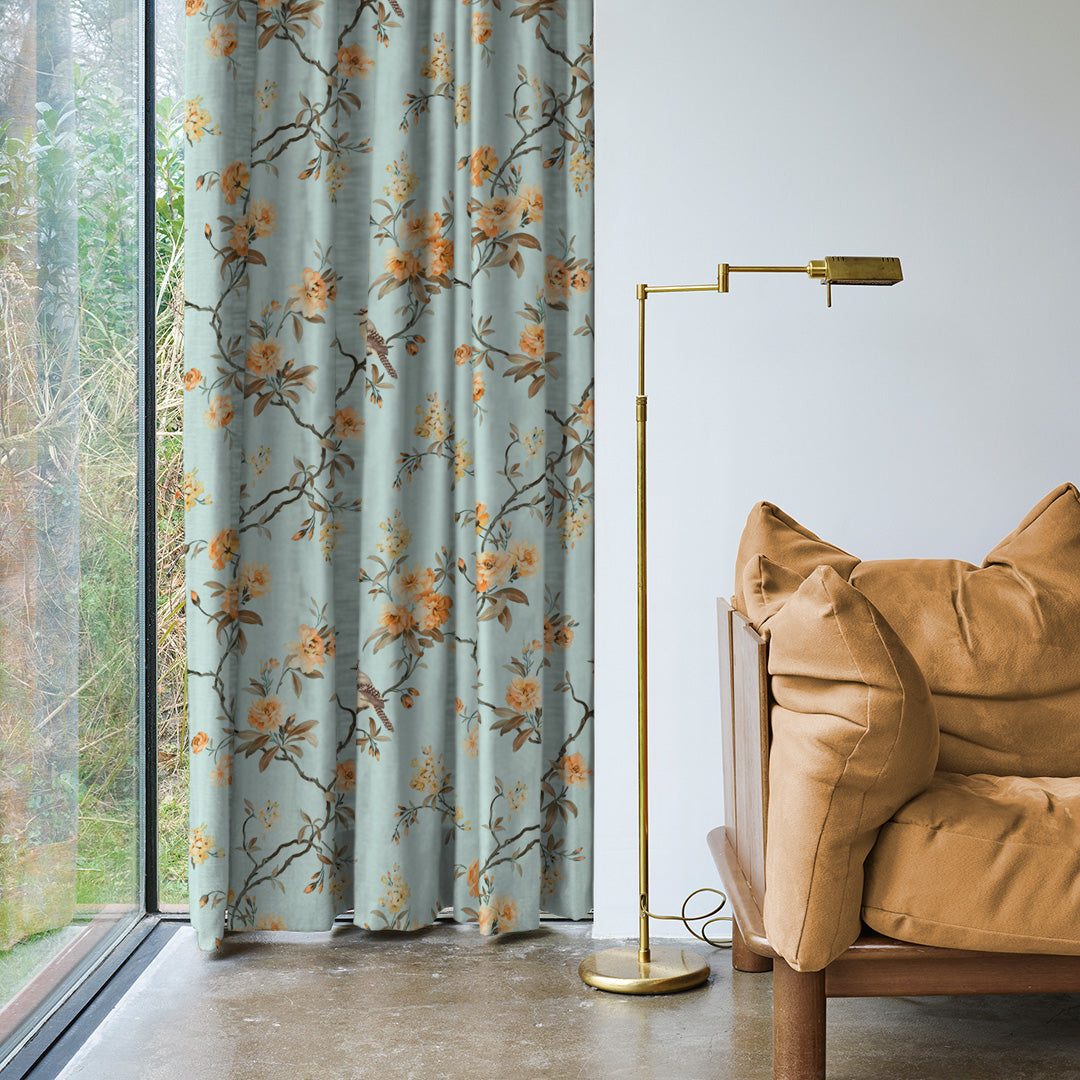 Blossoming Wings Floral Pastel Yellow Heavy Satin Room Darkening Curtains Set Of 2 - (DS207E)