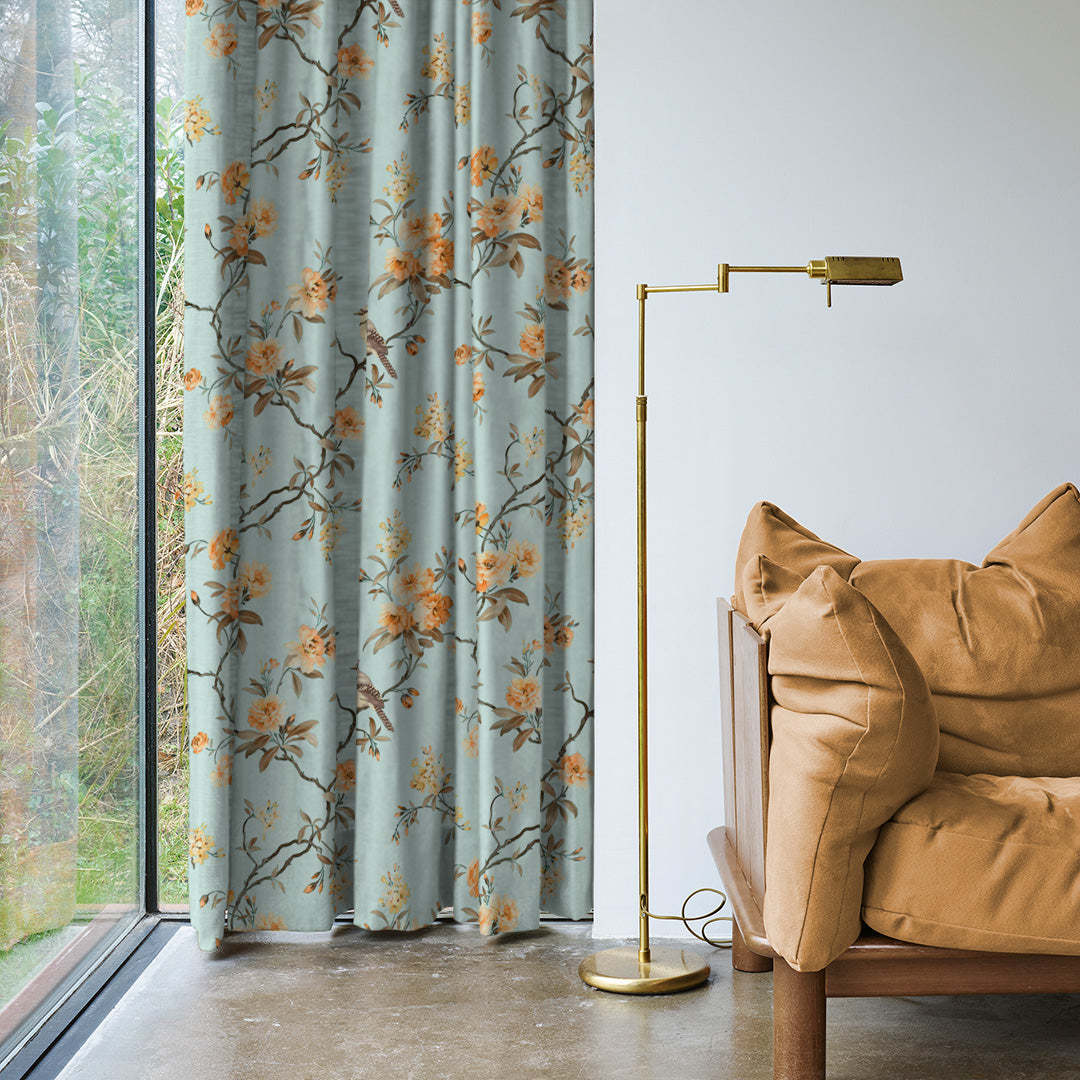 Blossoming Wings Floral Pastel Yellow Heavy Satin Room Darkening Curtains Set Of 2 - (DS207E)