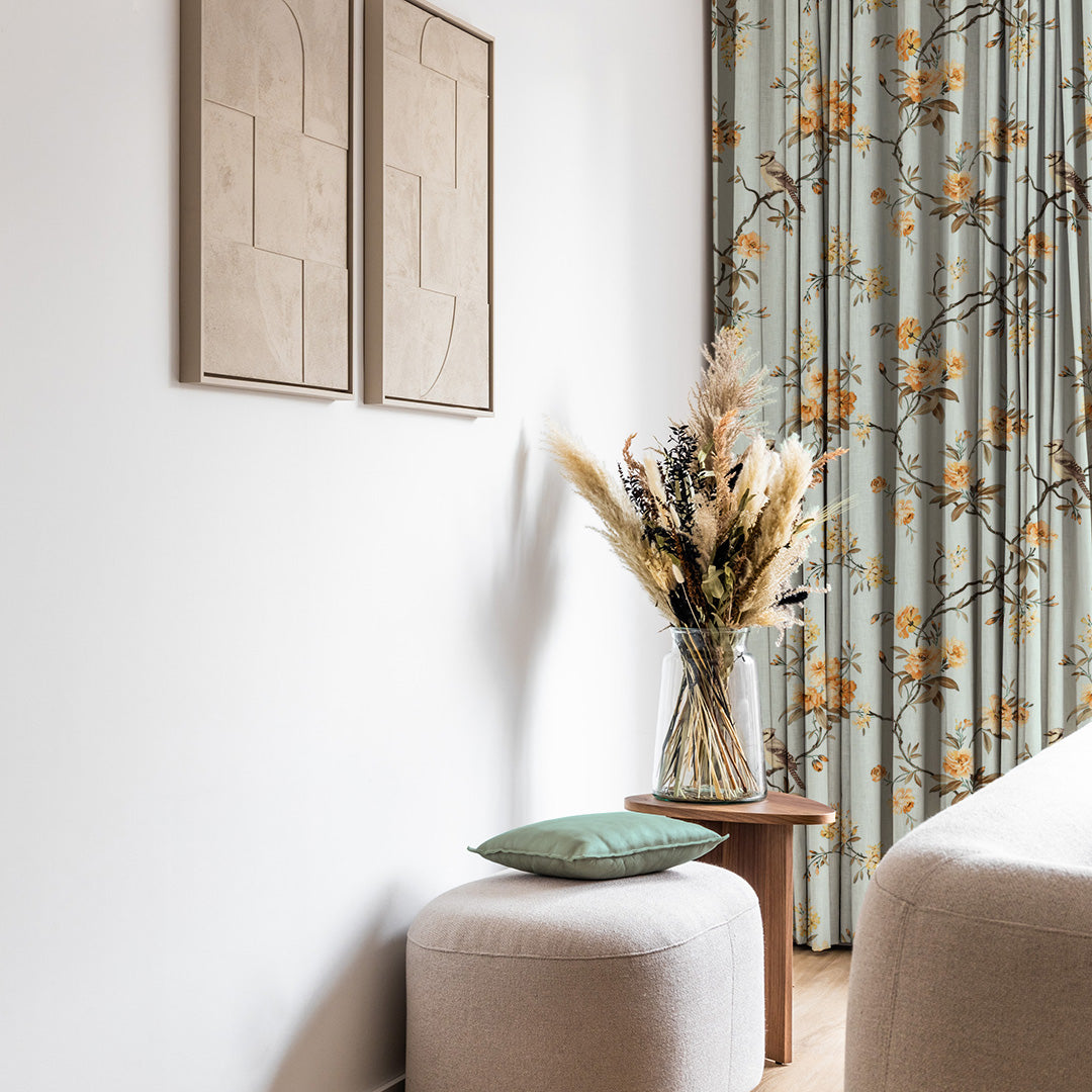 Blossoming Wings Floral Pastel Yellow Heavy Satin Room Darkening Curtains Set Of 2 - (DS207E)