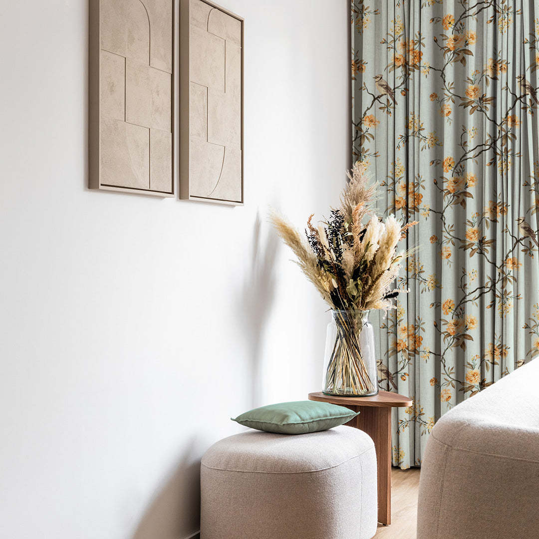 Blossoming Wings Floral Pastel Yellow Heavy Satin Room Darkening Curtains Set Of 2 - (DS207E)