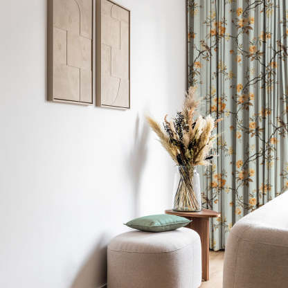 Blossoming Wings Floral Pastel Yellow Heavy Satin Room Darkening Curtains Set Of 2 - (DS207E)