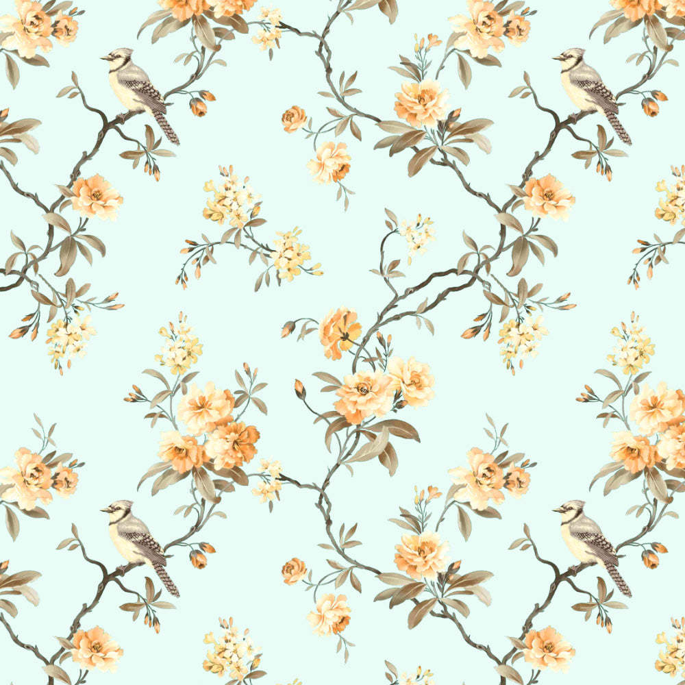 Blossoming Wings Floral Pastel Yellow Heavy Satin Room Darkening Curtains Set Of 2 - (DS207E)