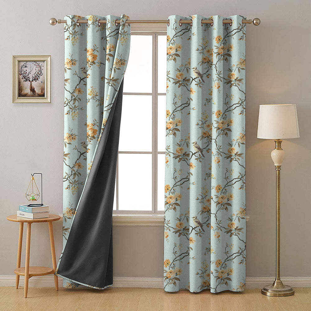 Blossoming Wings Floral Pastel Yellow Heavy Satin Room Darkening Curtains Set Of 2 - (DS207E)