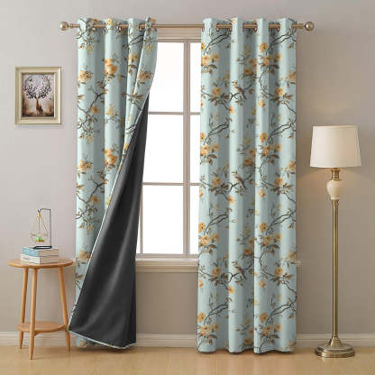 Blossoming Wings Floral Pastel Yellow Heavy Satin Room Darkening Curtains Set Of 2 - (DS207E)