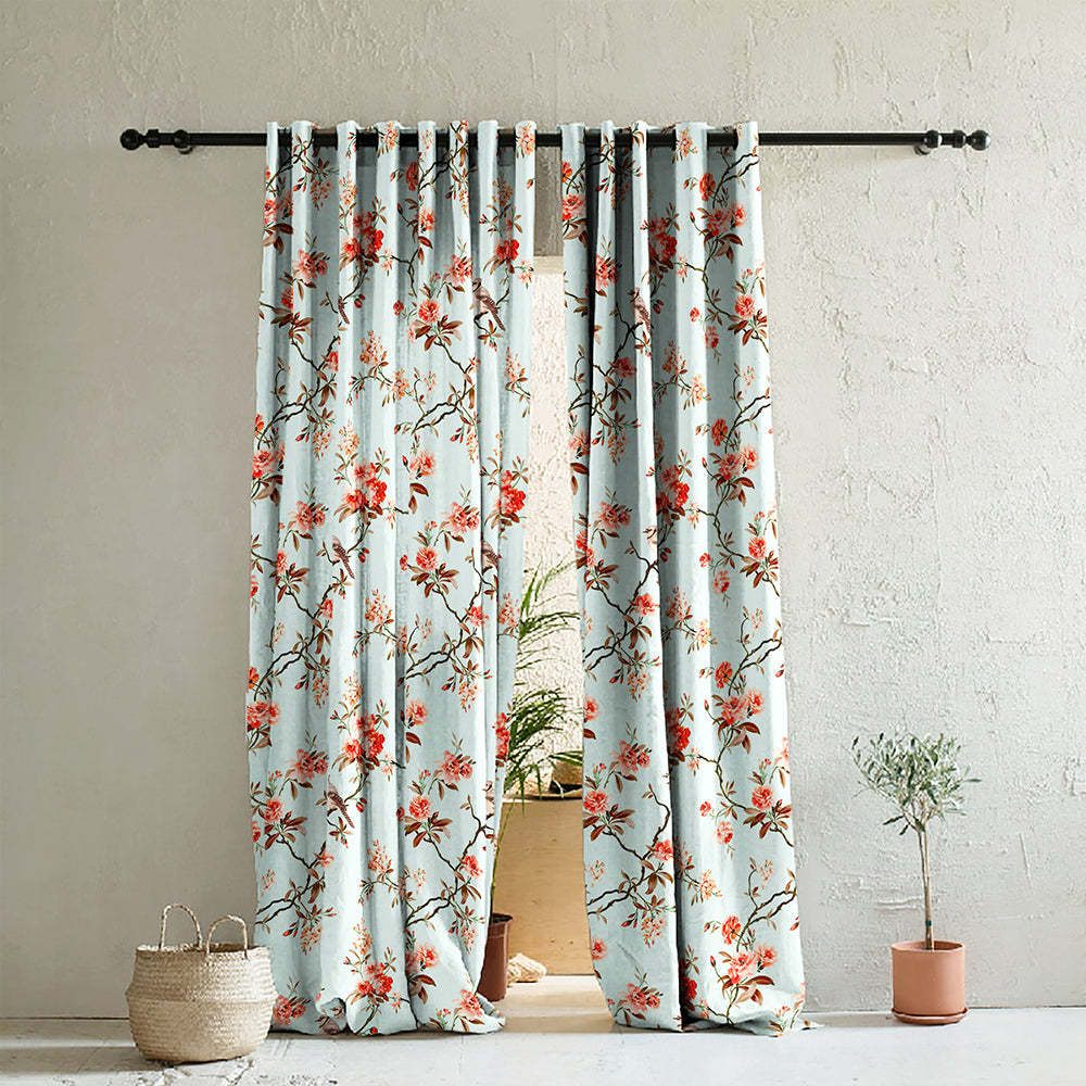 Elegant Floral Print Room Darkening Curtains Set of 2 DS207F