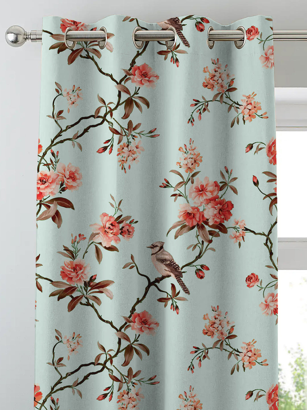 Blossoming Wings Floral Ruby Red Heavy Satin Blackout Curtains Set Of 2 - (DS207F)