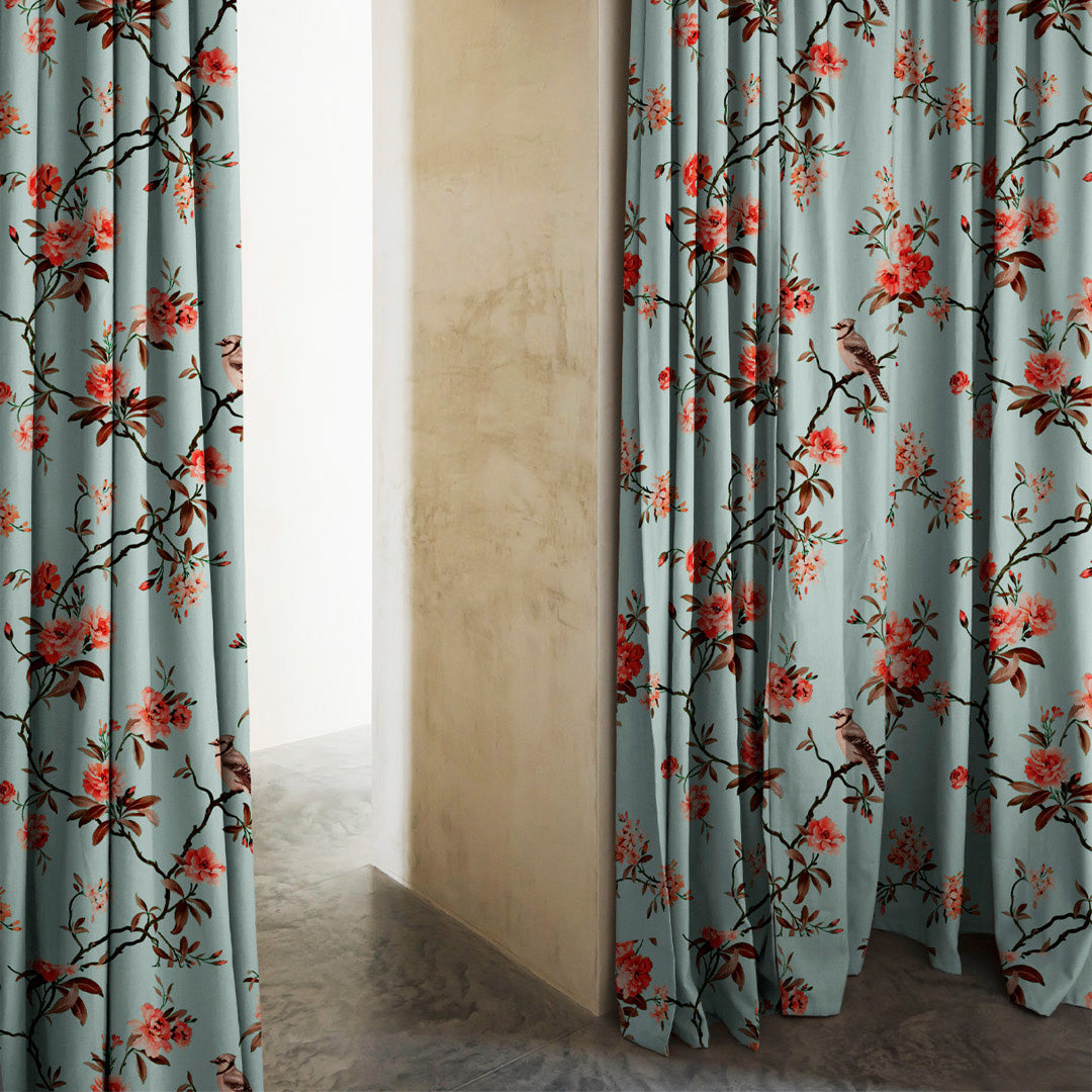 Blossoming Wings Floral Ruby Red Heavy Satin Blackout Curtains Set Of 2 - (DS207F)