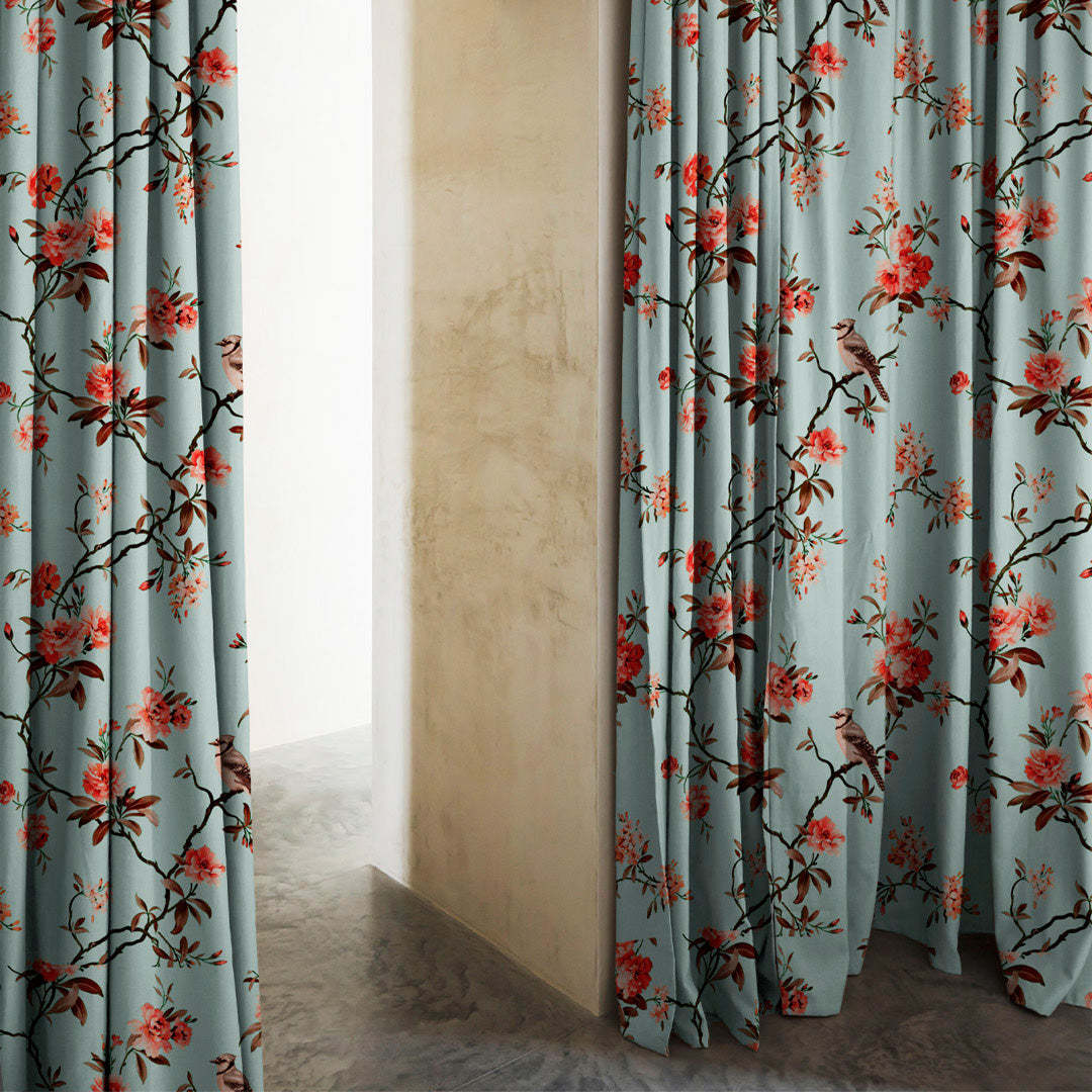 Blossoming Wings Floral Ruby Red Heavy Satin Blackout Curtains Set Of 2 - (DS207F)
