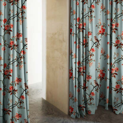 Blossoming Wings Floral Ruby Red Heavy Satin Blackout Curtains Set Of 2 - (DS207F)