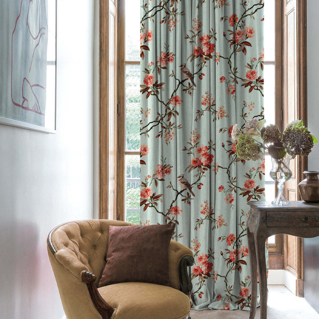 Blossoming Wings Floral Ruby Red Heavy Satin Blackout Curtains Set Of 2 - (DS207F)