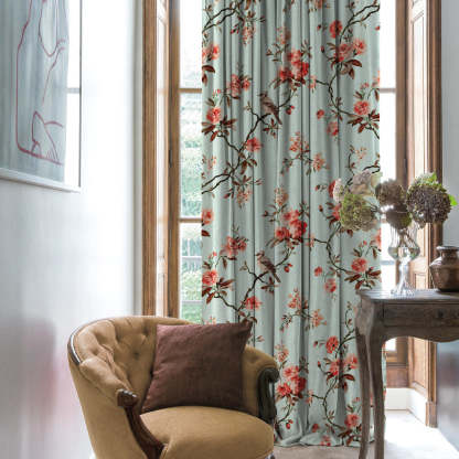 Blossoming Wings Floral Ruby Red Heavy Satin Blackout Curtains Set Of 2 - (DS207F)