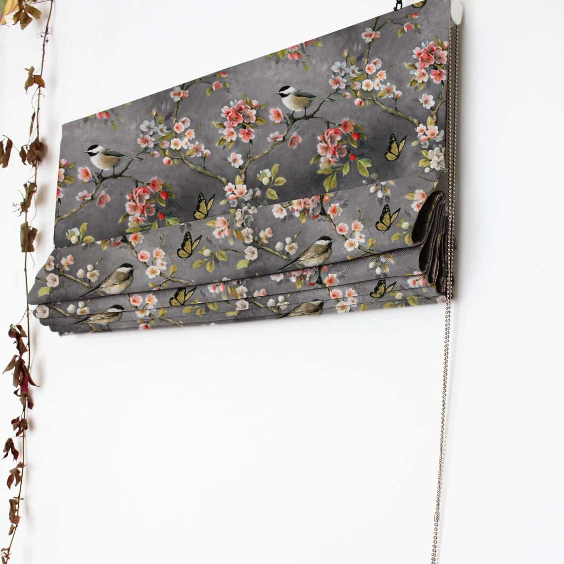 Blossoming Birds Floral Charcoal Grey Satin Roman Blind (DS225E)