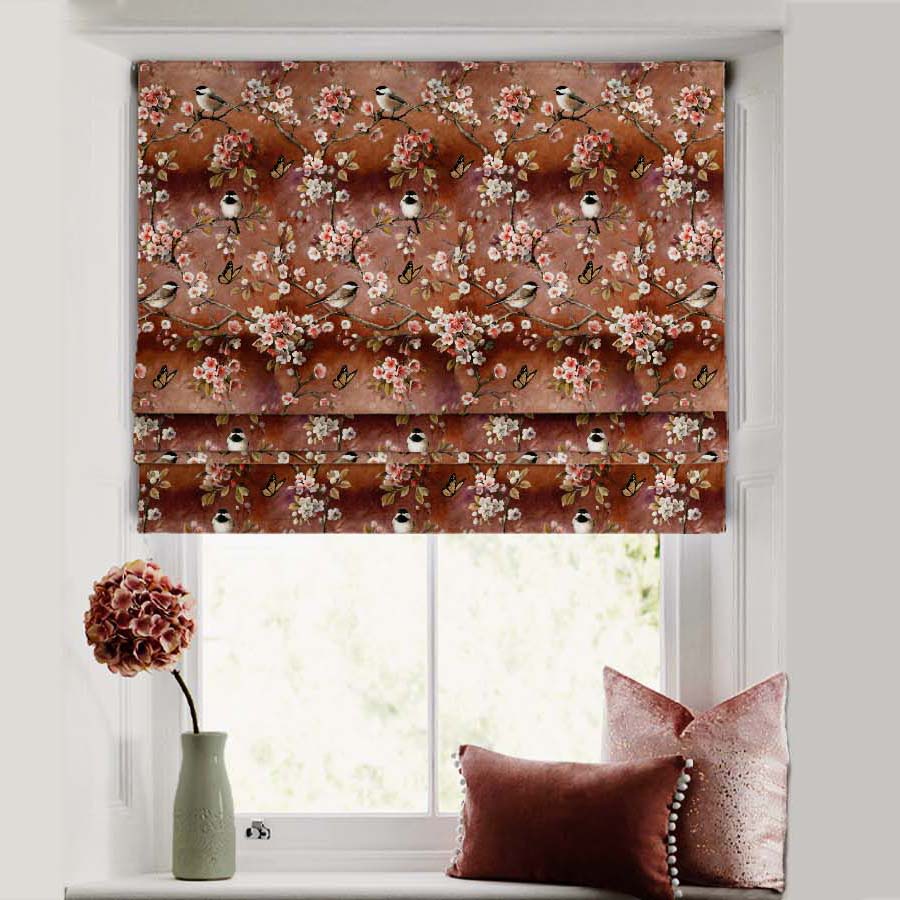 Blossoming Birds Floral Burnt Brown Satin Roman Blind (DS225F)