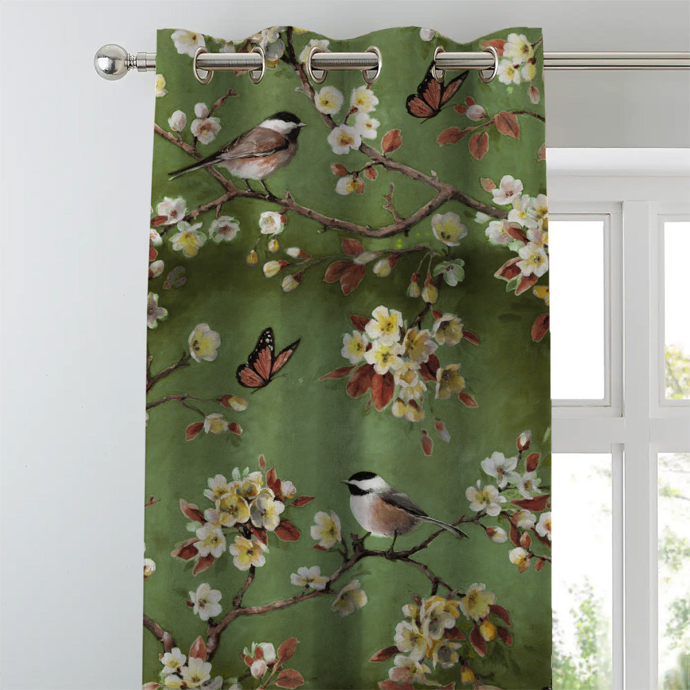 Blossoming Birds Floral Olive Heavy Satin Room Darkening Curtains Set Of 2 - (DS225G)