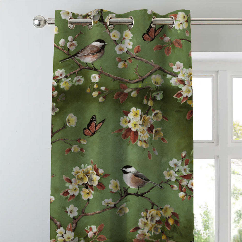 Blossoming Birds Floral Olive Heavy Satin Room Darkening Curtains Set Of 2 - (DS225G)